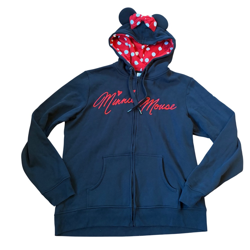 Disney Parks Minnie Mouse Ears Black Red‎ Zip Up Hoodie Sweatshirt XXL Polka Dot